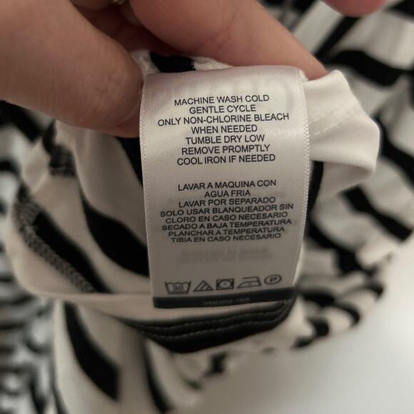 Chaps Black White Striped Midi Dress Stretchy Faux Wrap Lined Knee Length Small - Picture 8 of 11